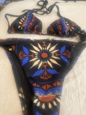Vitamin A Black Bikini with Blue & Rust Print Accents